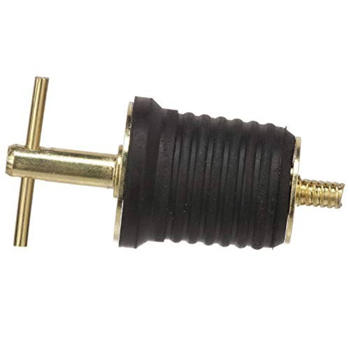 T-handle drain plug with black rubber sleeve, brass cross bar, and threaded post
