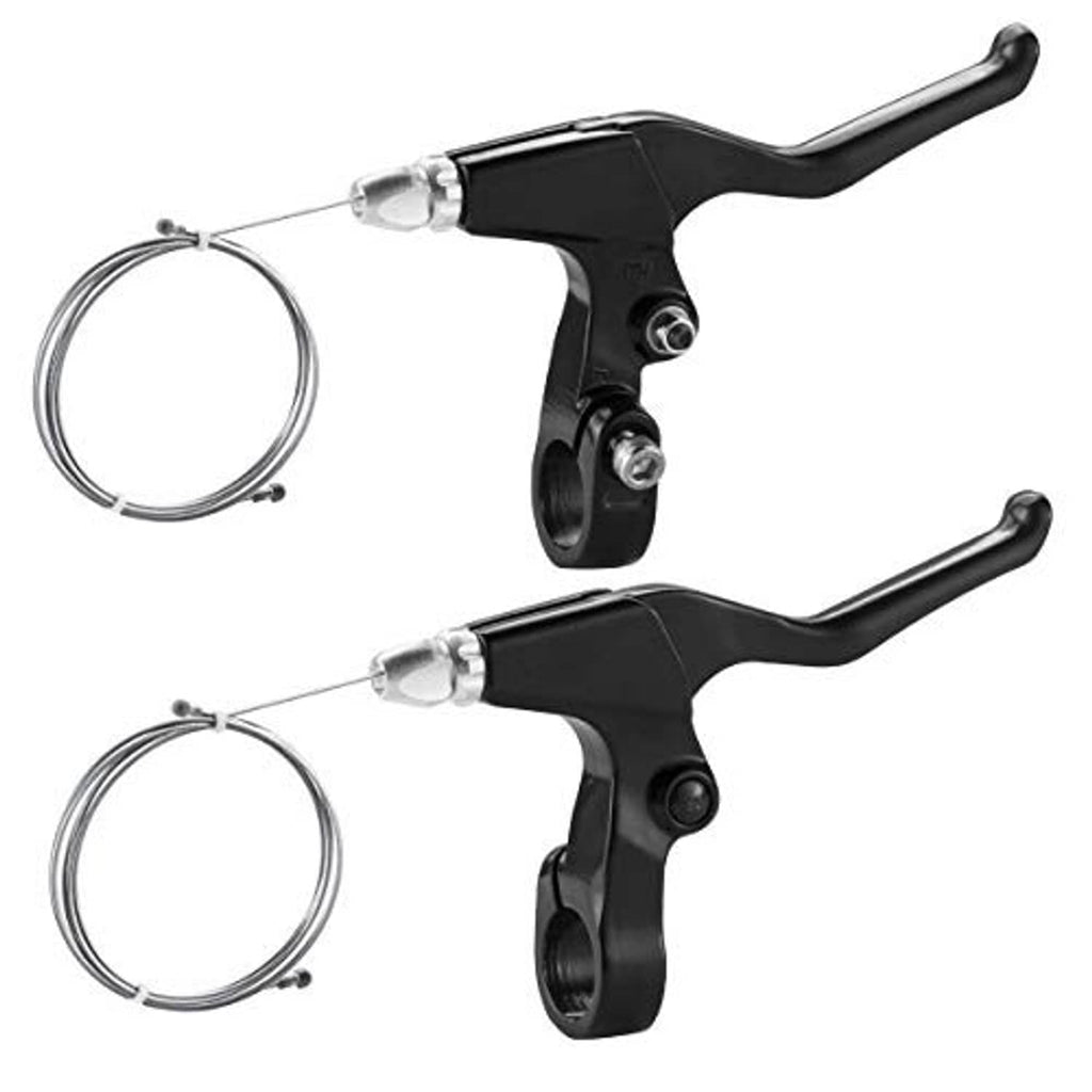 Pair of black bicycle brake levers with silver cable housings and metal adjusters