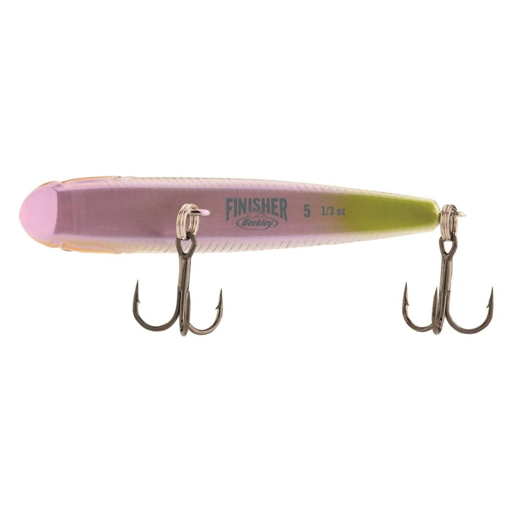 FINISHER branded fishing lure, light green and pink with treble hooks