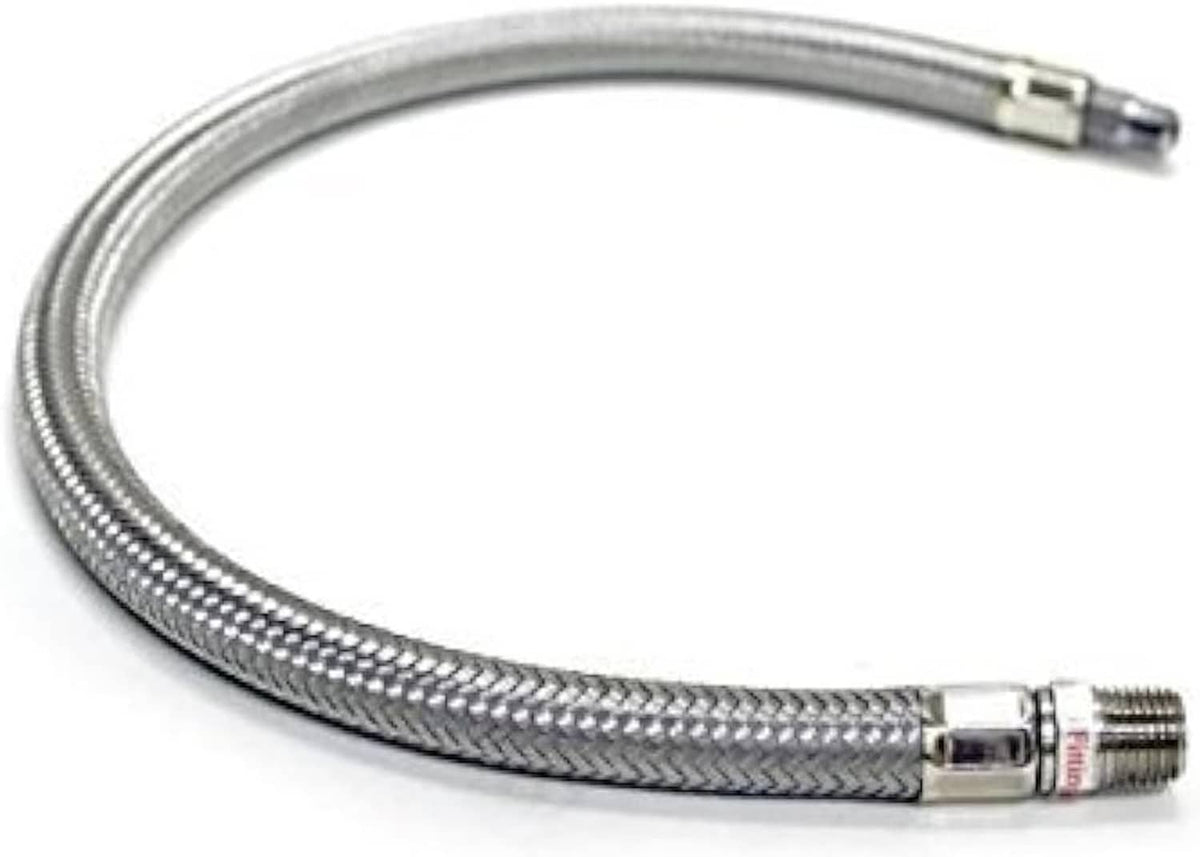Metal braided leader hose, 18in, with male-threaded end and crimped band