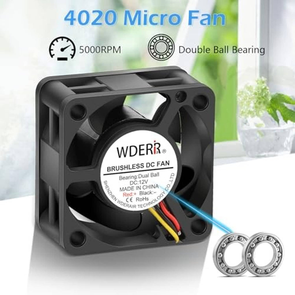 Black 40mm PWM DC micro fan with WDER3 label, dual ball bearing, and multicolor leads