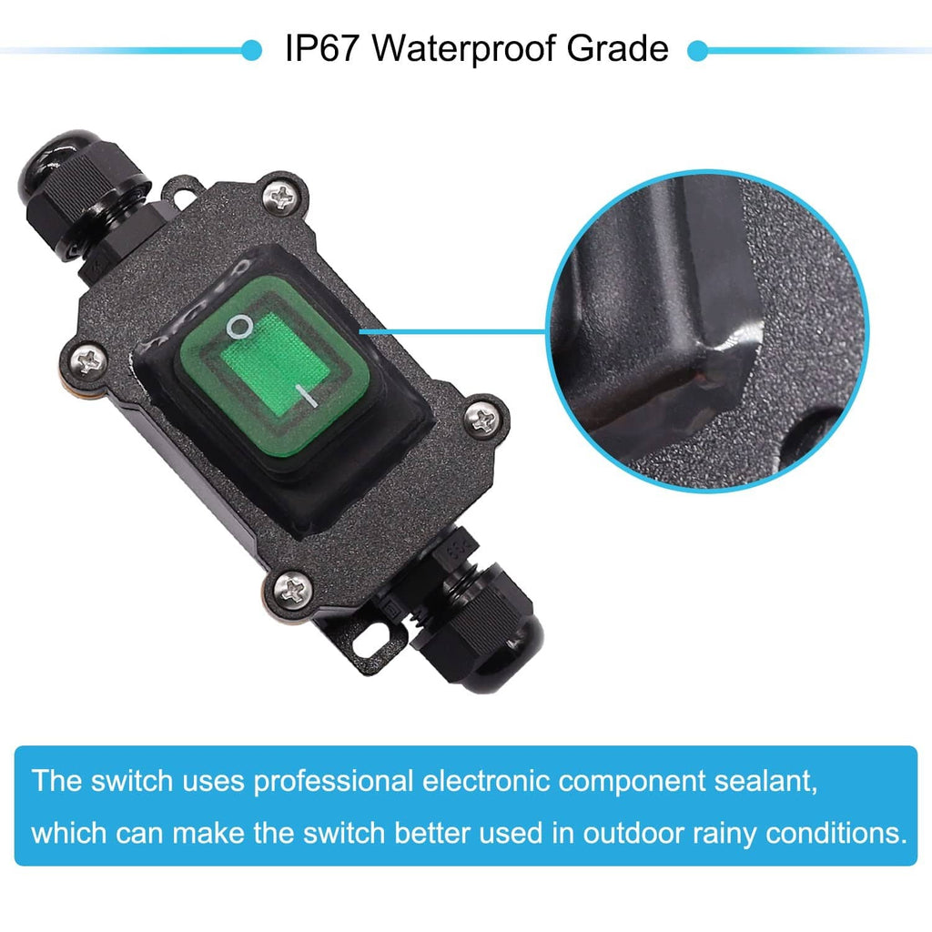 IP67 waterproof inline cord switch with green rocker window and sealed housing