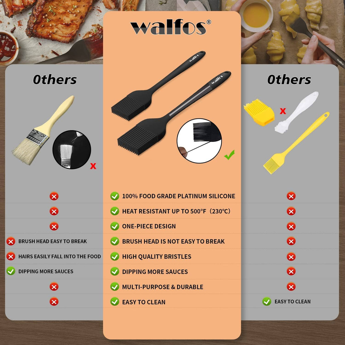 Two black silicone pastry brushes shown on packaging with comparison icons