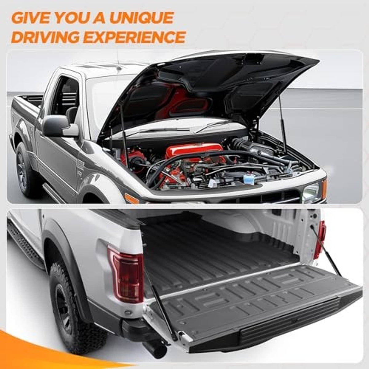 Black front hood gas struts supporting an open hood on a pickup truck