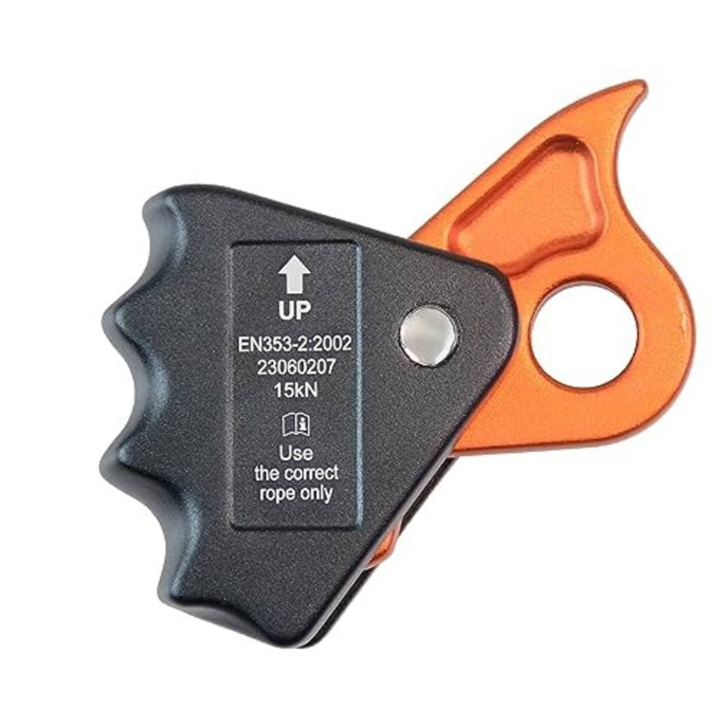 Orange and black rope grab ascender with UP and EN353 marking on cam