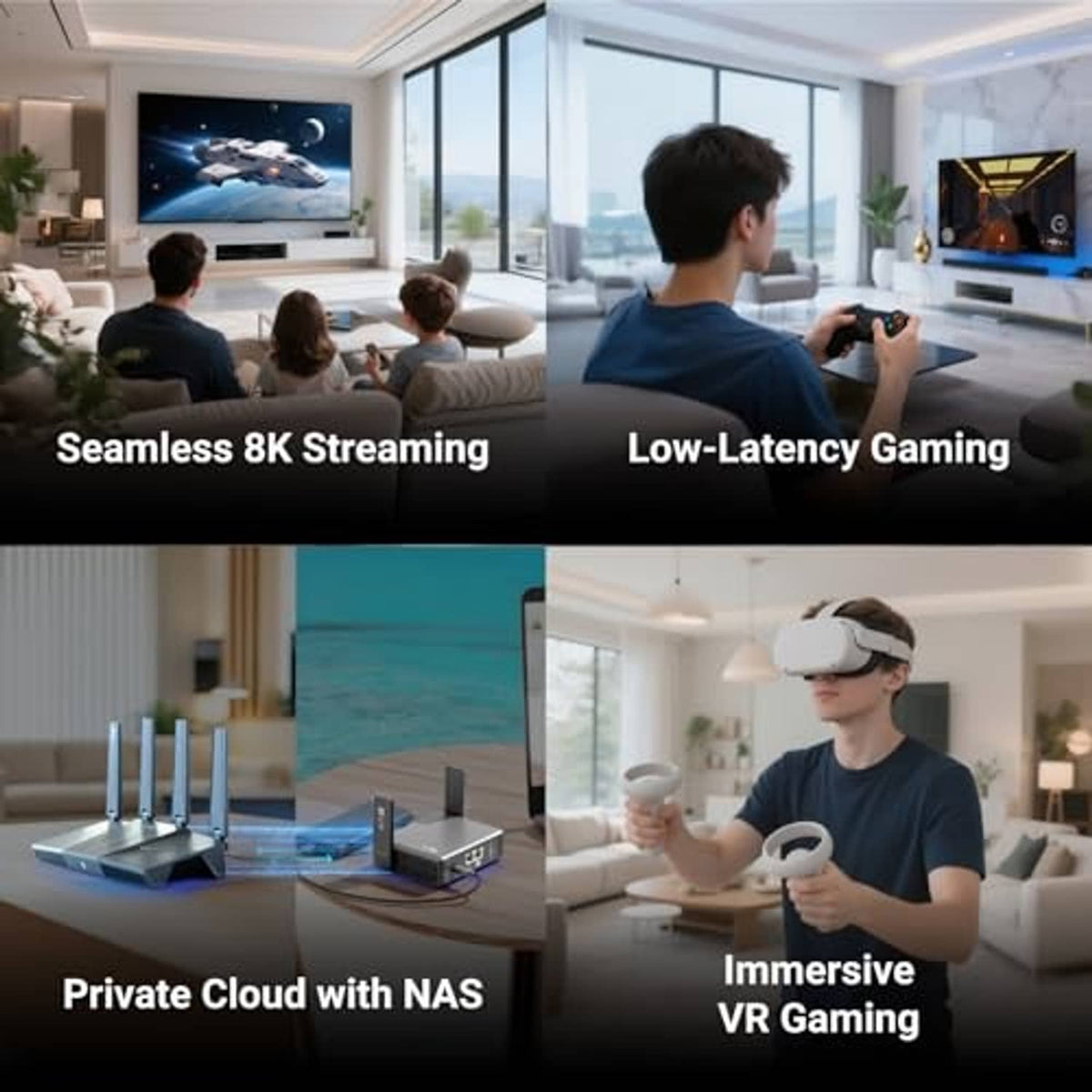 WiFi 7 home router with four antennas in a living room streaming setup