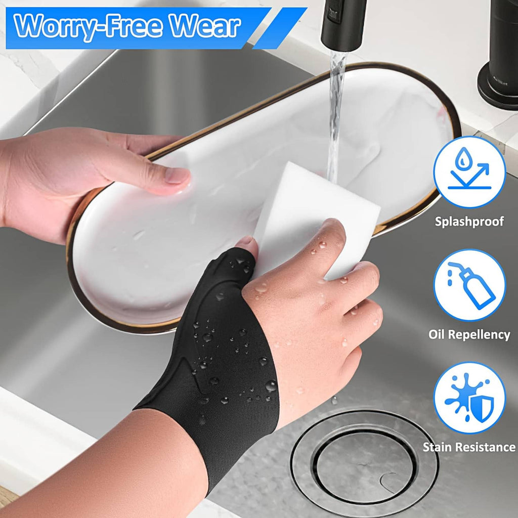 Black thumb wrist brace on wrist and thumb, water-repellent fabric look