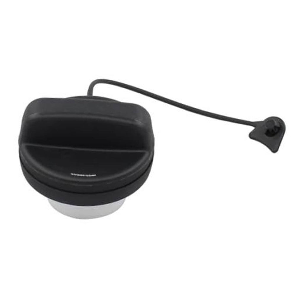 Black fuel tank filler cap with tether strap and small securing nub