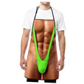 Novelty printed cooking apron with green trim and black neck straps, brown front panel