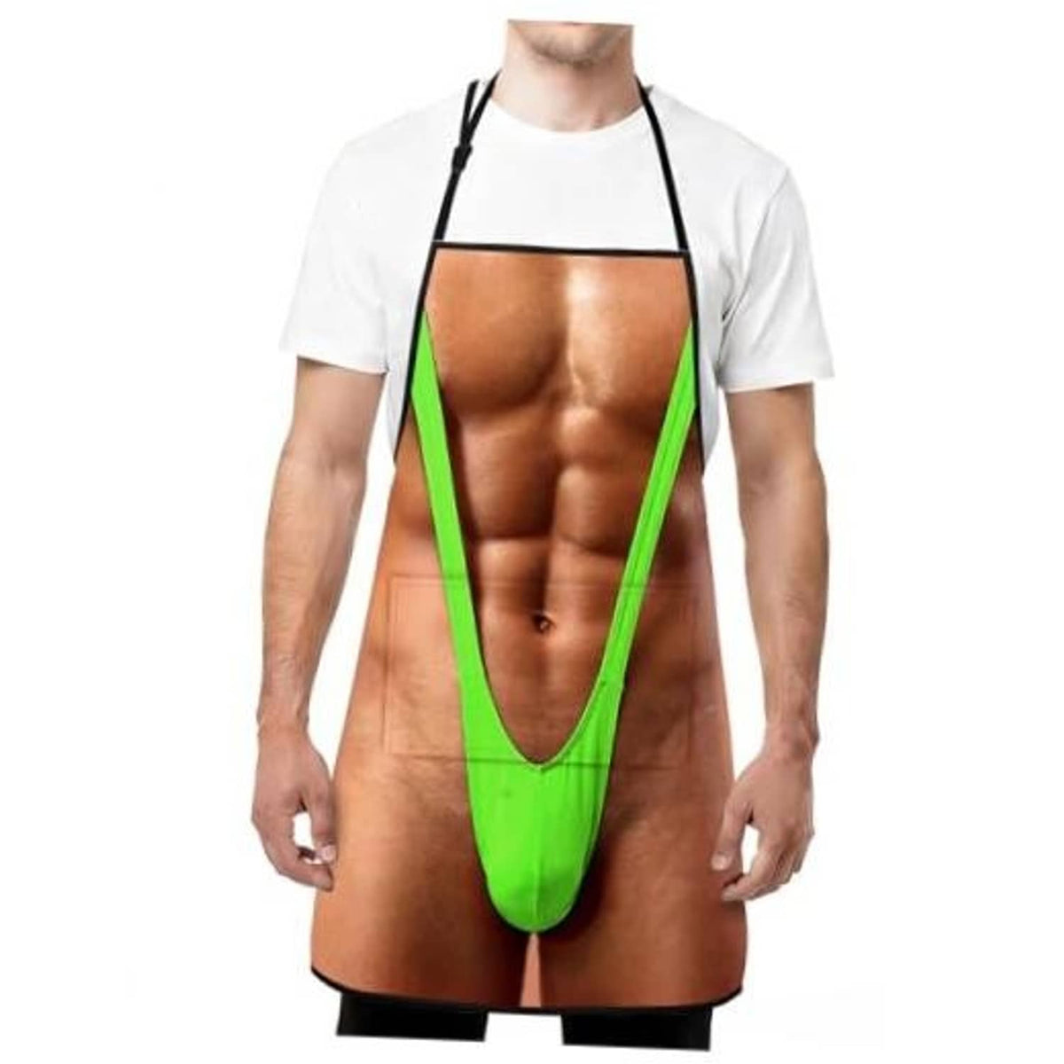 Novelty printed cooking apron with green trim and black neck straps, brown front panel