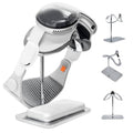 Silver zinc alloy stand with padded cradle for Vision Pro and lens protection