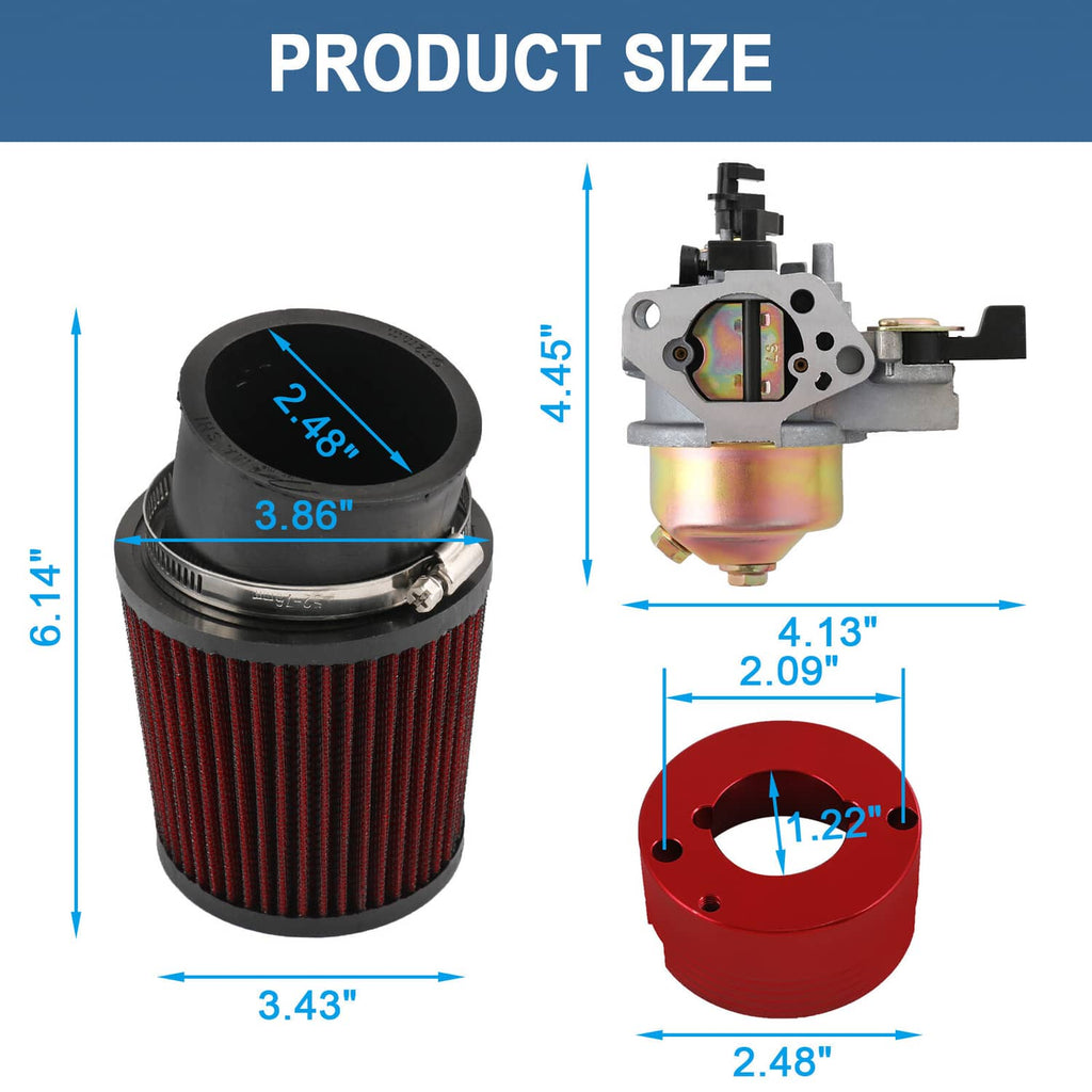 Air filter adapter jet kit set with red cone filter and carburetor, size shown