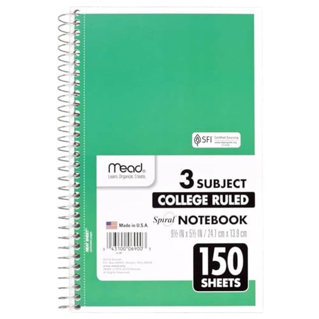 3-subject spiral notebook with green cover and college-ruled paper, 150 sheets