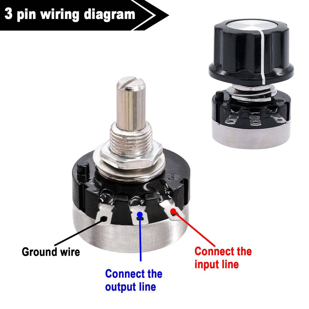 Rotary potentiometer showing 3-pin wiring layout with output and ground connections