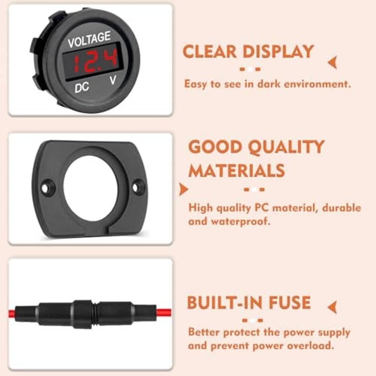 Black waterproof voltmeter with red LED 12.4V display and circular mounting frame