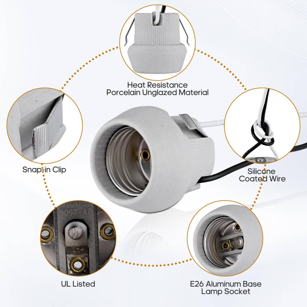 Heat-resistant grey porcelain E26 lamp socket with silicone-coated wire and snap-in clip