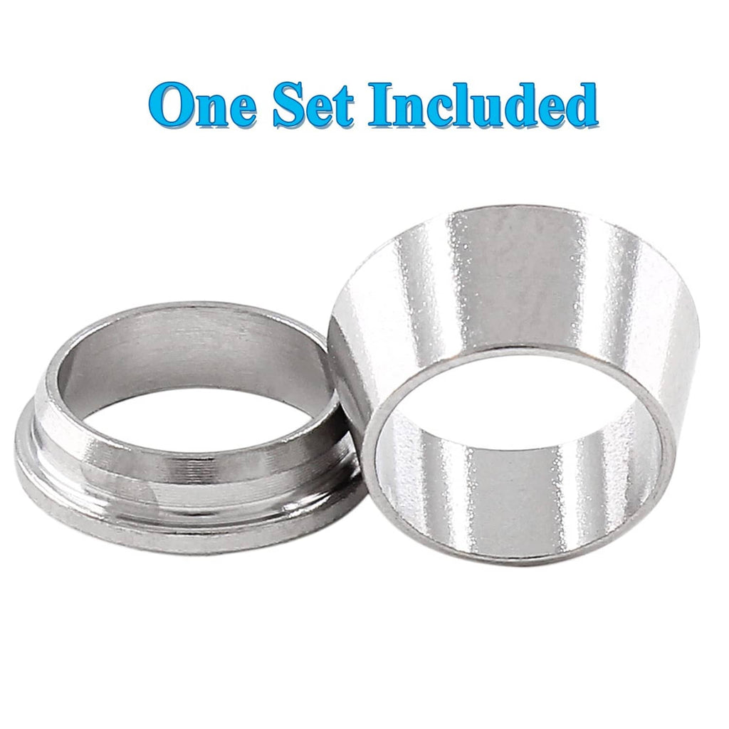 Stainless steel ferrule sleeves with wide flange rims, one set shown