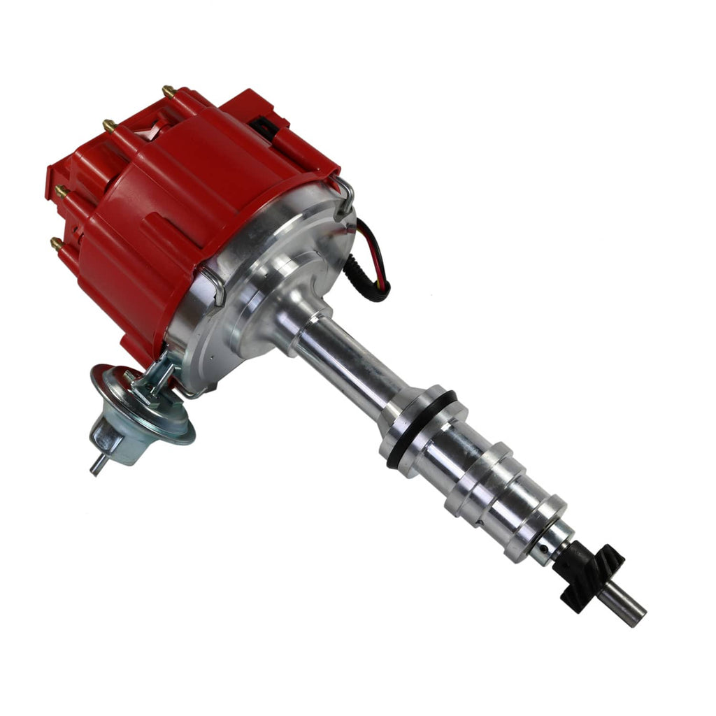 Red ignition distributor with long metal drive shaft and side mounting bracket