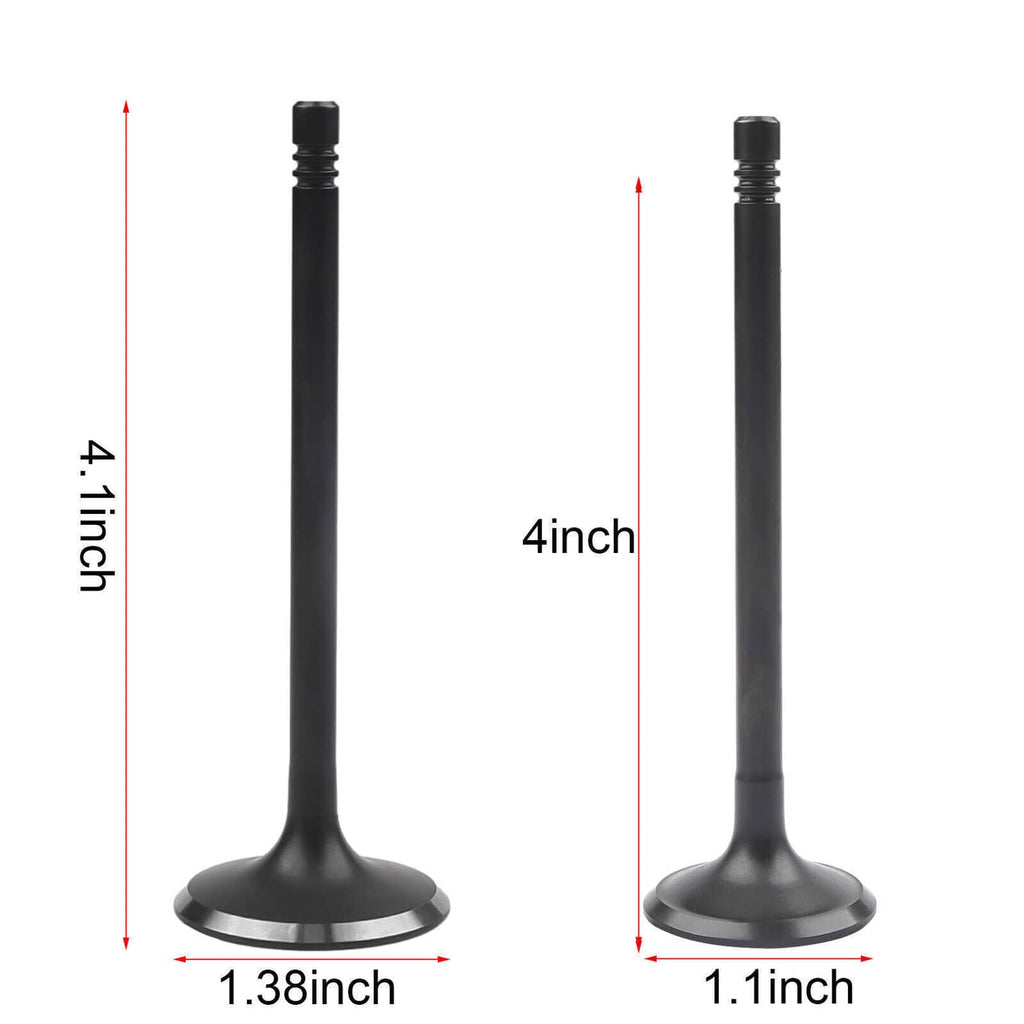 Two intake exhaust valves, 4 in and 1.1 in stem lengths, round black heads