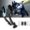 Pair of black racing motorcycle rearview mirrors with blue-tinted lenses and mounts
