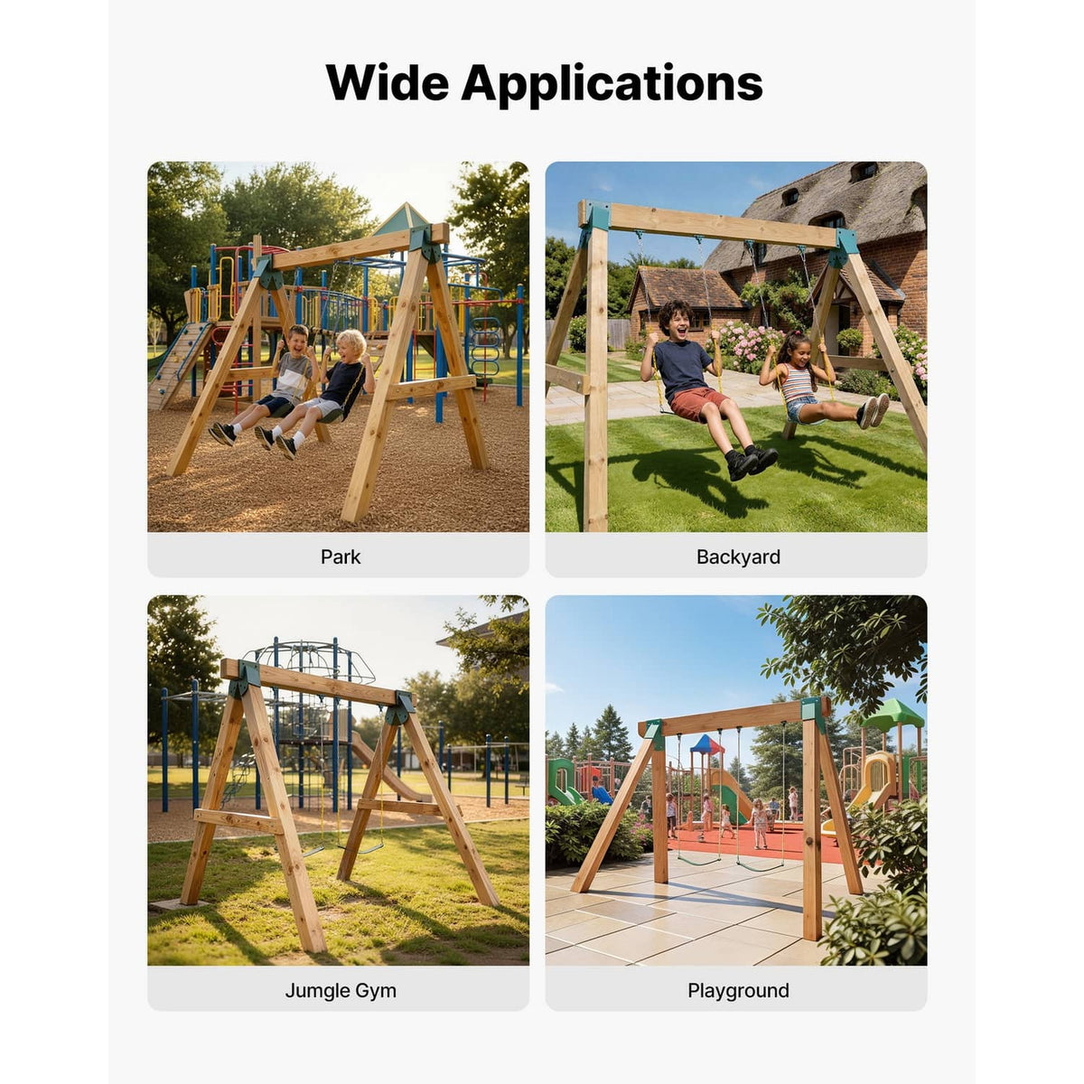 Green A-frame swing set brackets used on park, backyard, gym, and playground frames