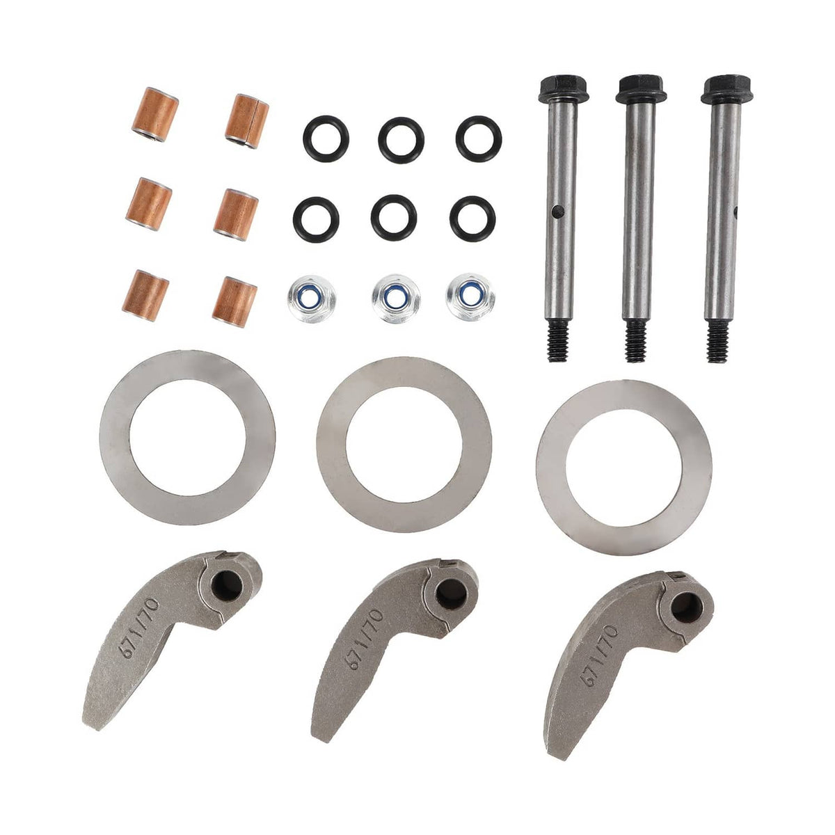 Clutch rebuild kit parts with cam arm, bushings, washers, O-rings, pins, and screws