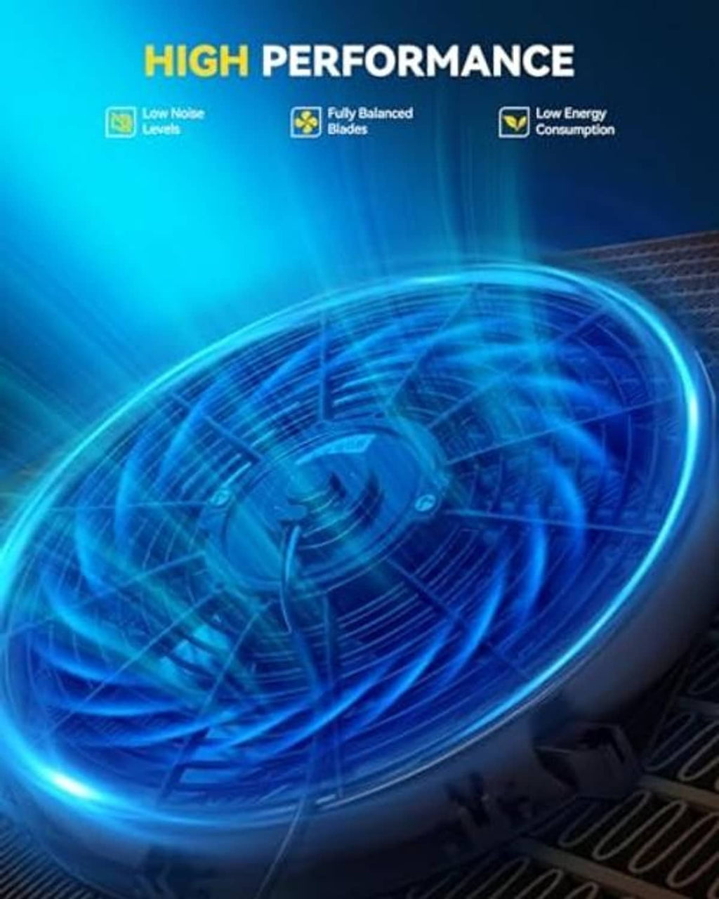 Radiator cooling fan with glowing blue motion trails around the impeller.
