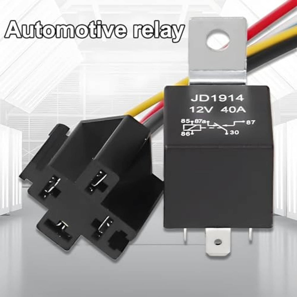 Automotive 4-pin relay with JD1914 12V 40A label and prewired connector leads