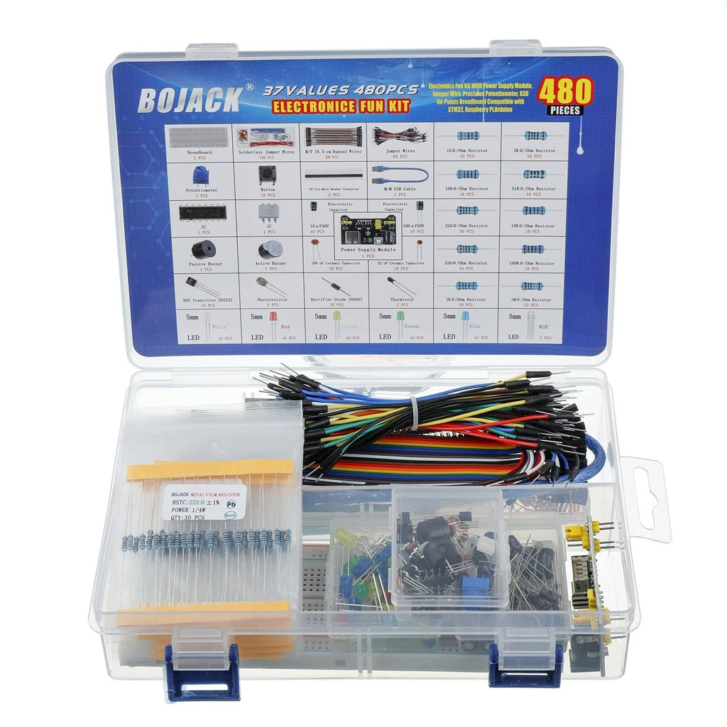 BOJACK electronics component fun kit with open case and multicolor wire bundle