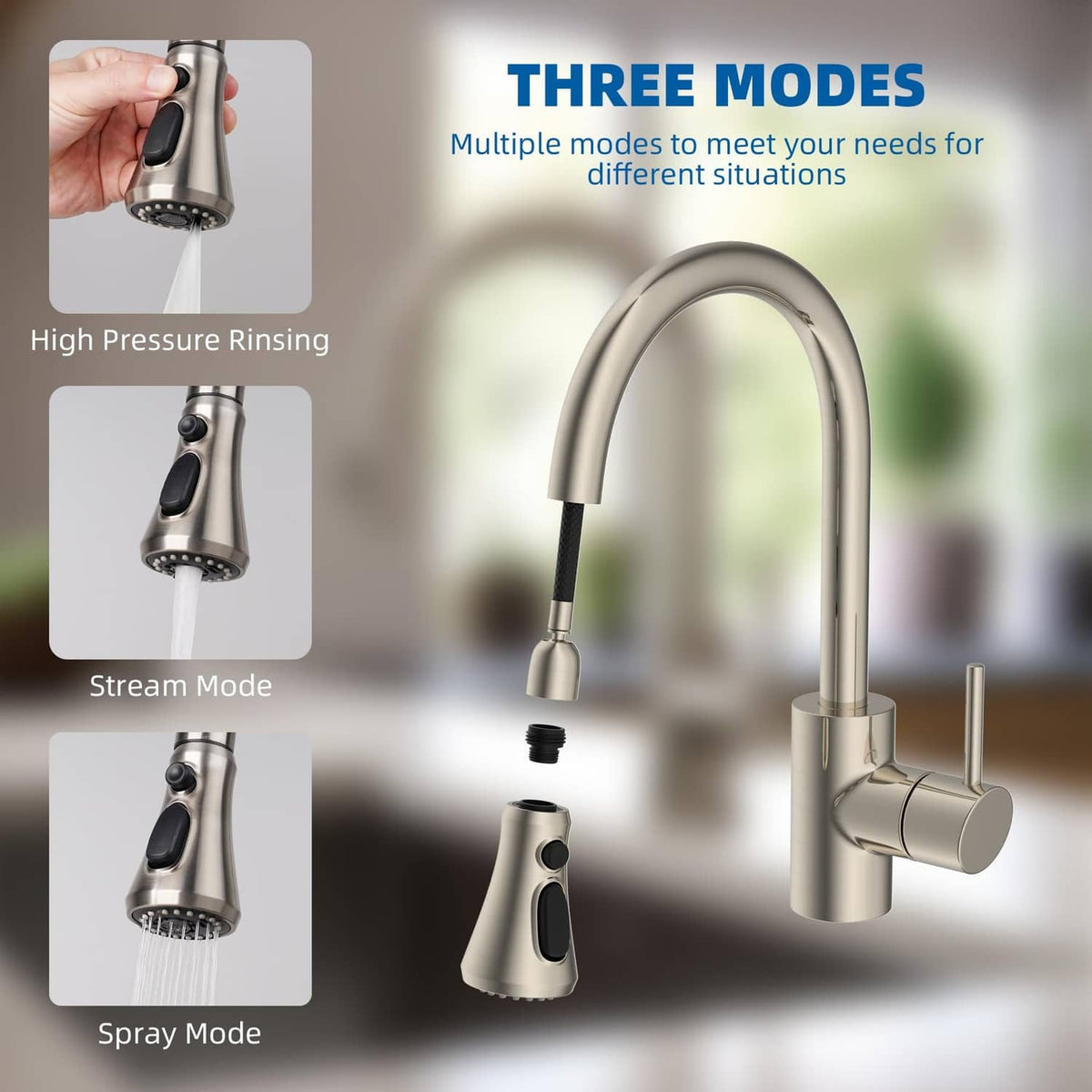 Brushed nickel pull-down kitchen faucet with detachable spray attachments and round spray head