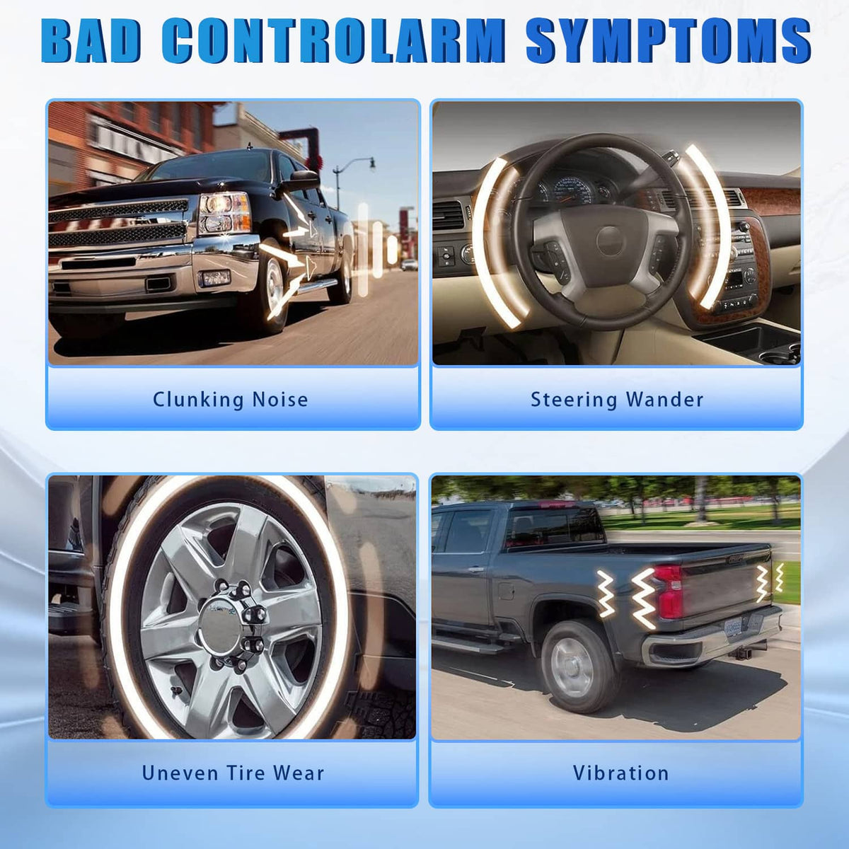 Bad control arm symptoms infographic showing steering wheel, tires, and clunking effects