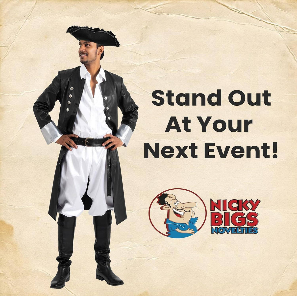 Black pirate tricorn hat worn with a long black coat and white shirt, adult costume.
