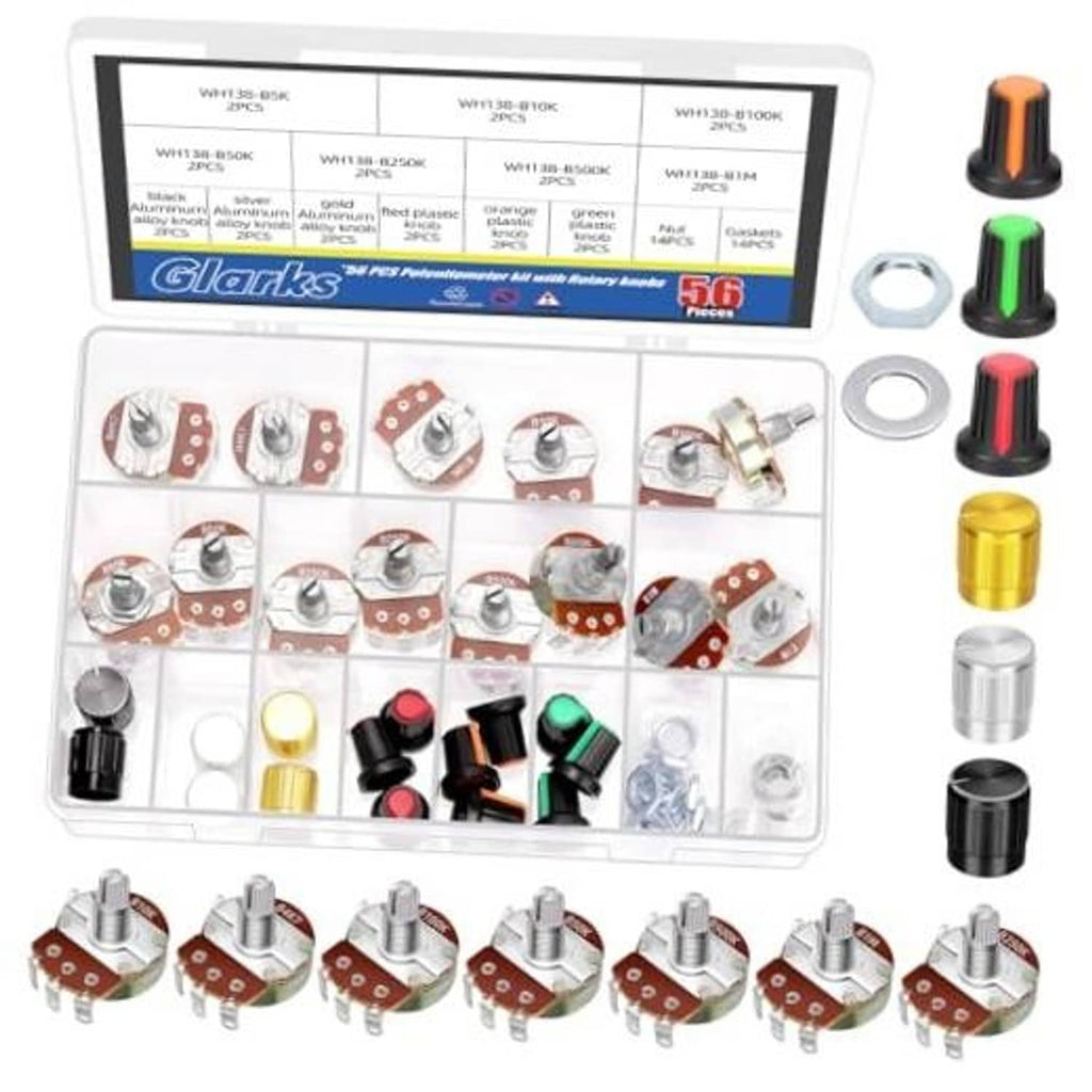 Single-turn rotary potentiometer kit with assorted variable pots and colorful caps