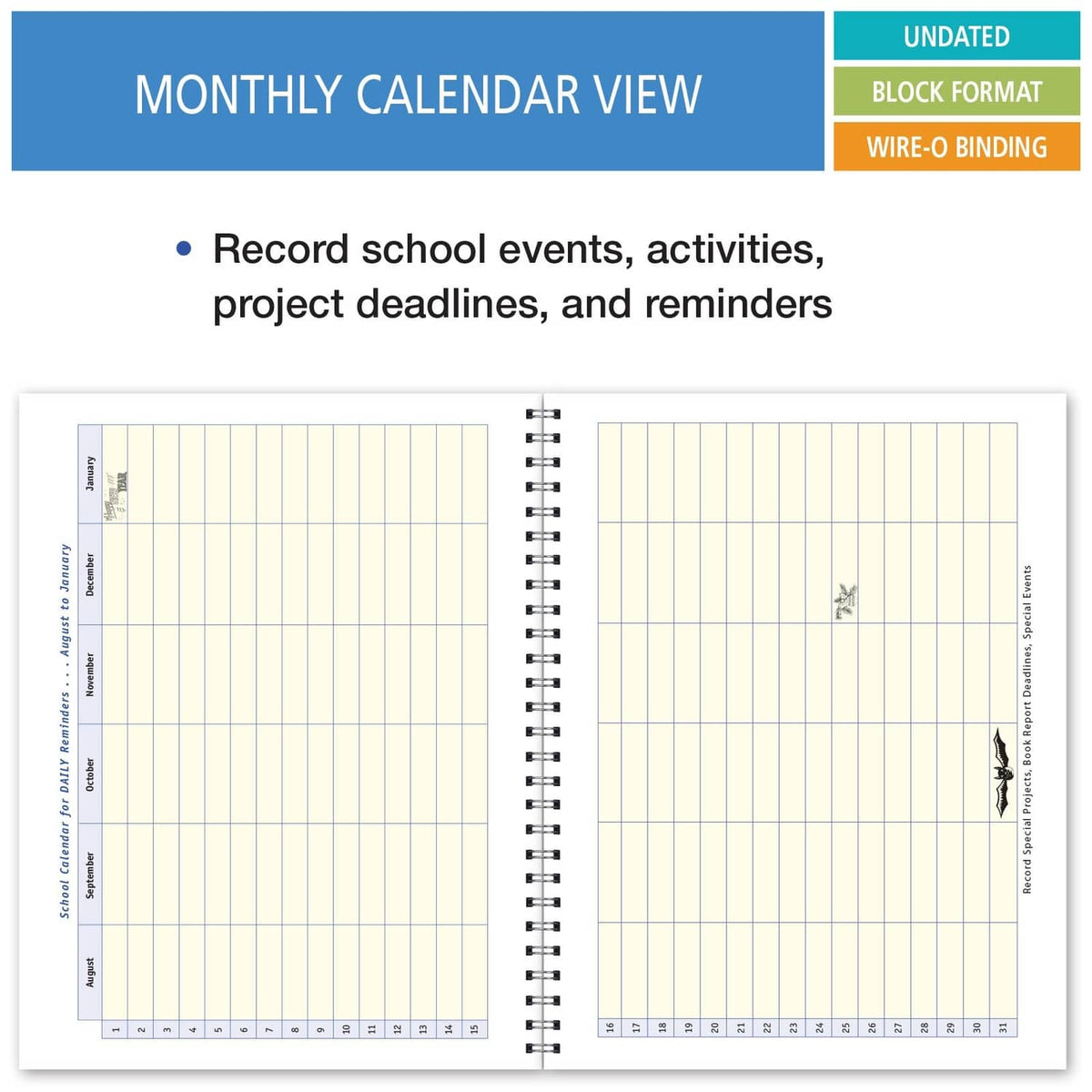 Undated student planner open to monthly calendar view with lined grid pages
