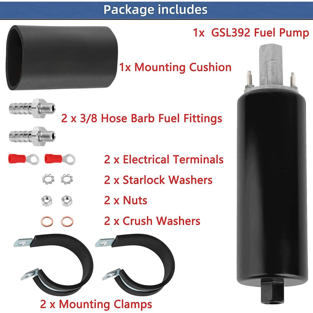 Fuel pump kit contents: black pump, mounting cushion, hose barbs, electrical terminals, clamps
