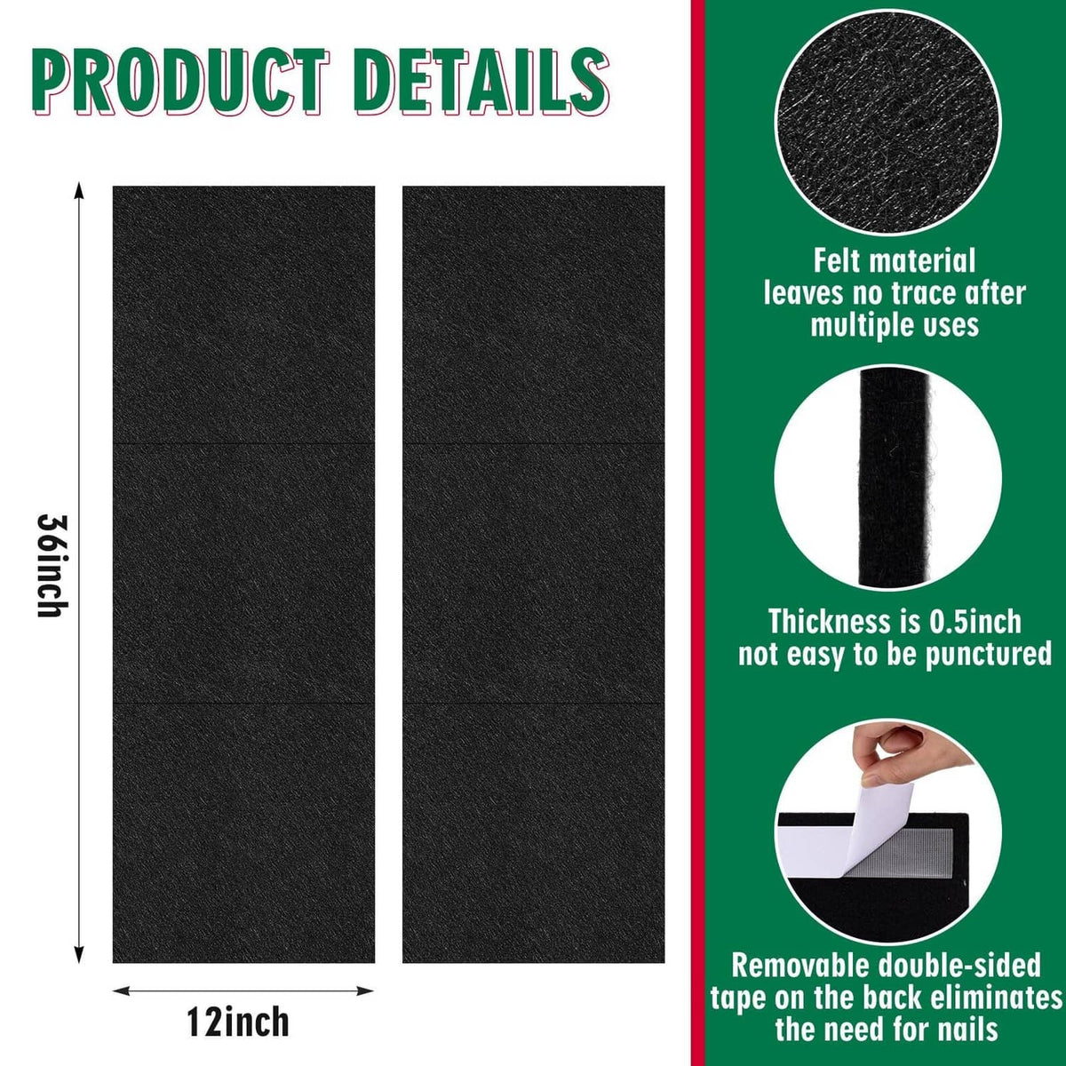 Two black rectangular felt wall tiles for dartboard backing, shown side by side