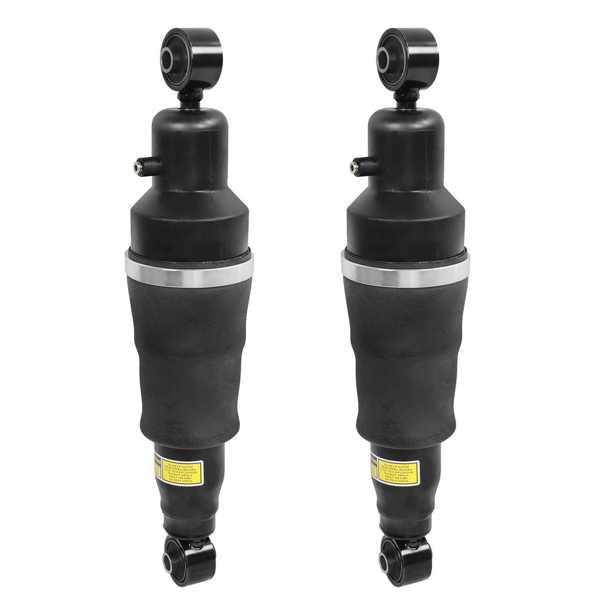 Pair of black rear air suspension shock struts with top bearing eye and silver band