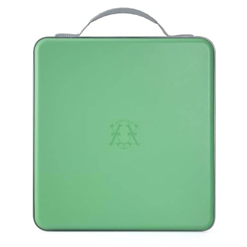 Green hard-plastic CD case with handle, back view
