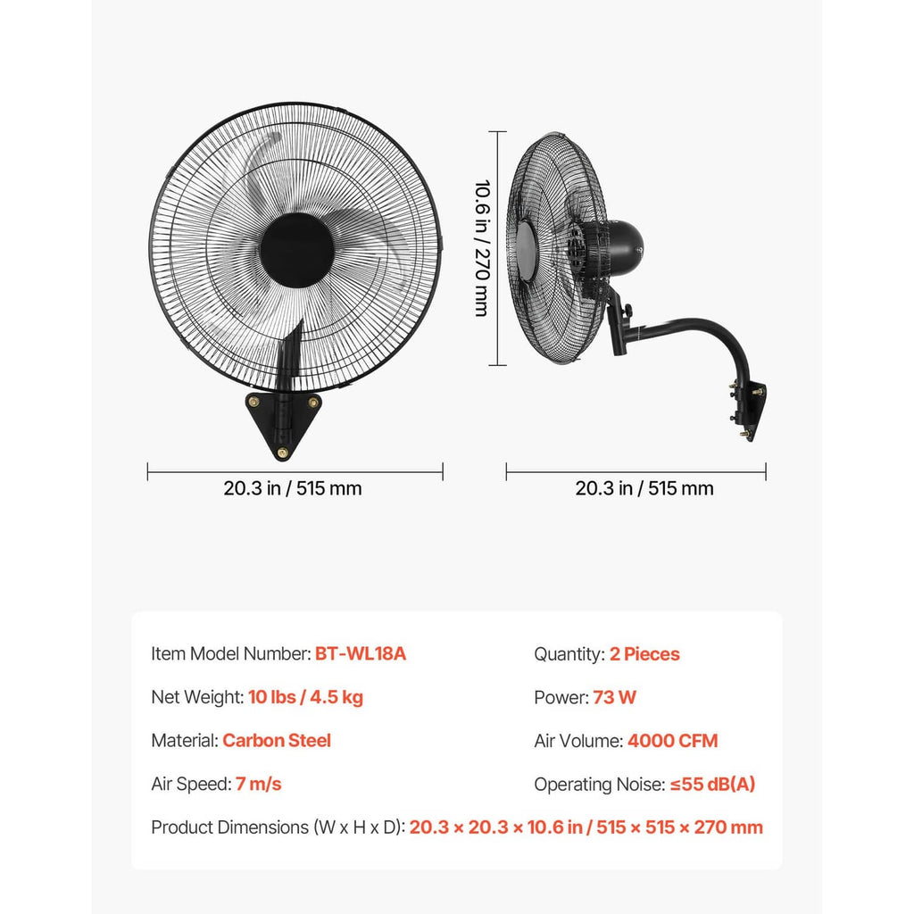 Wall-mounted oscillating fan size diagram, 18-inch head with mounting arm