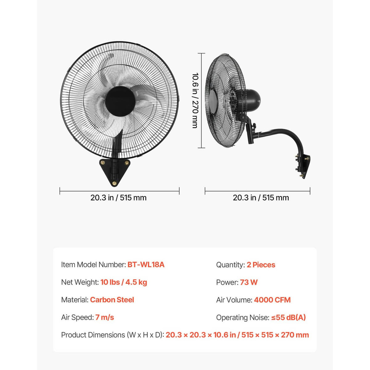 Wall-mounted oscillating fan size diagram, 18-inch head with mounting arm