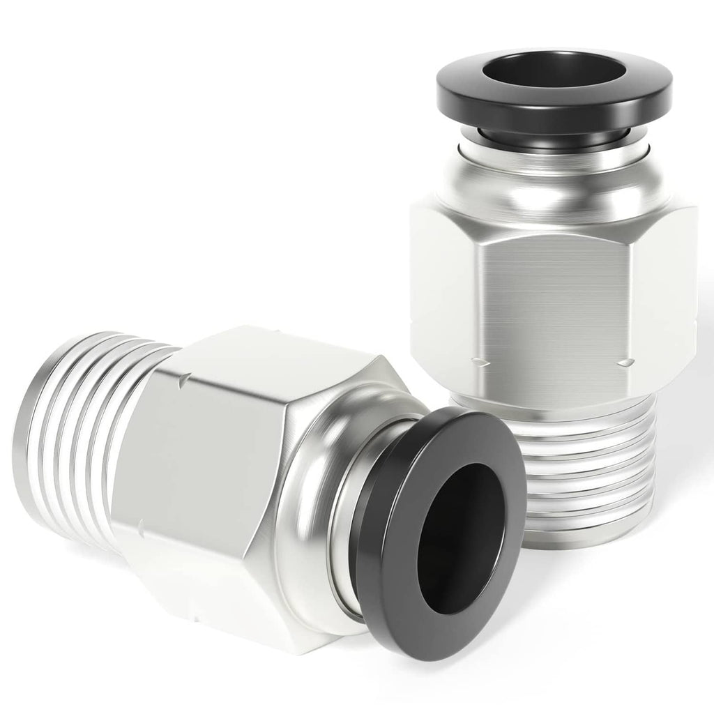 Silver straight push-to-connect fitting with male NPT threads, hex collar, black seal face