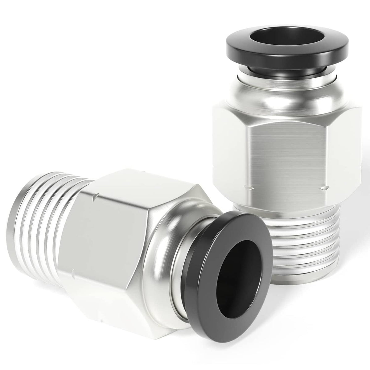 Silver straight push-to-connect fitting with male NPT threads, hex collar, black seal face