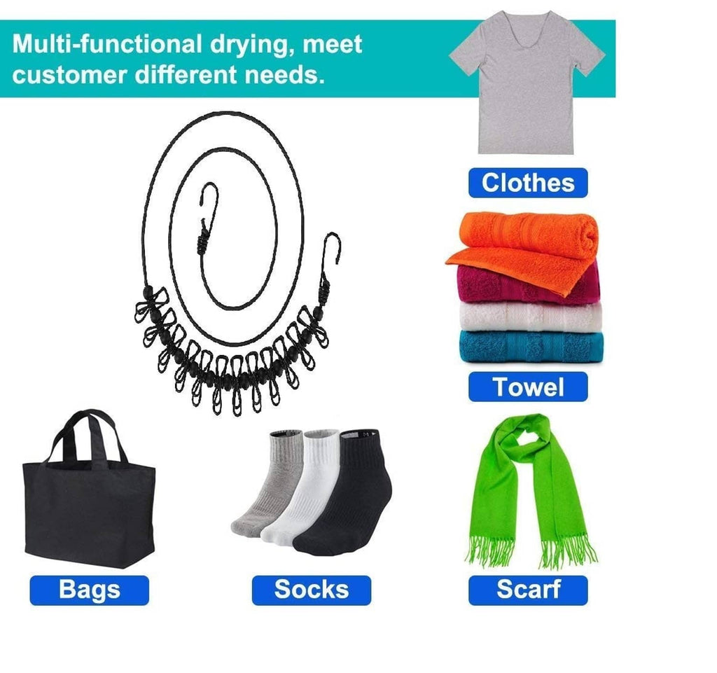 Portable clothesline with black hoop and multiple clothespins for drying
