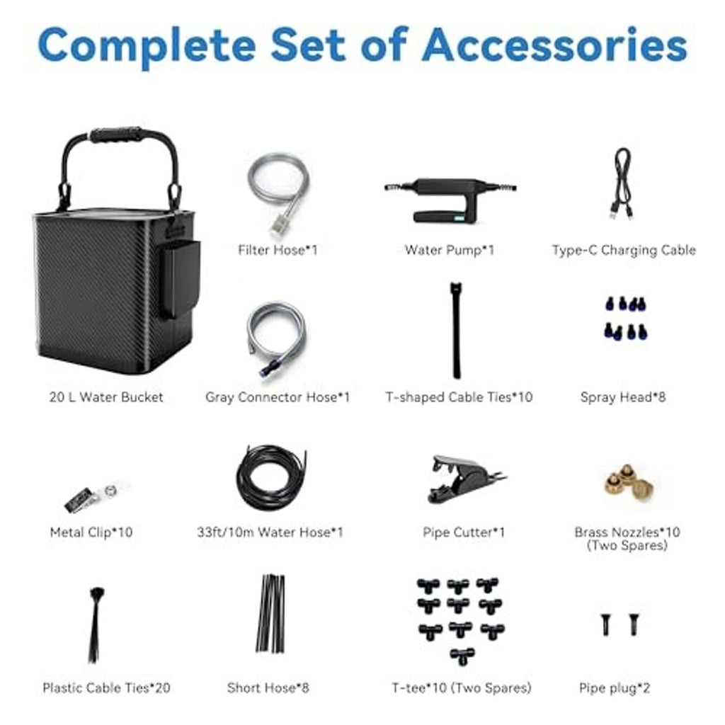 Complete accessories set for portable misting system: bucket, hoses, pump, cables