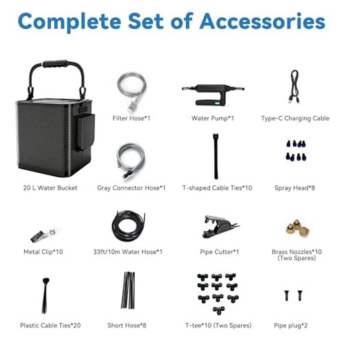 Complete accessories set for portable misting system: bucket, hoses, pump, cables