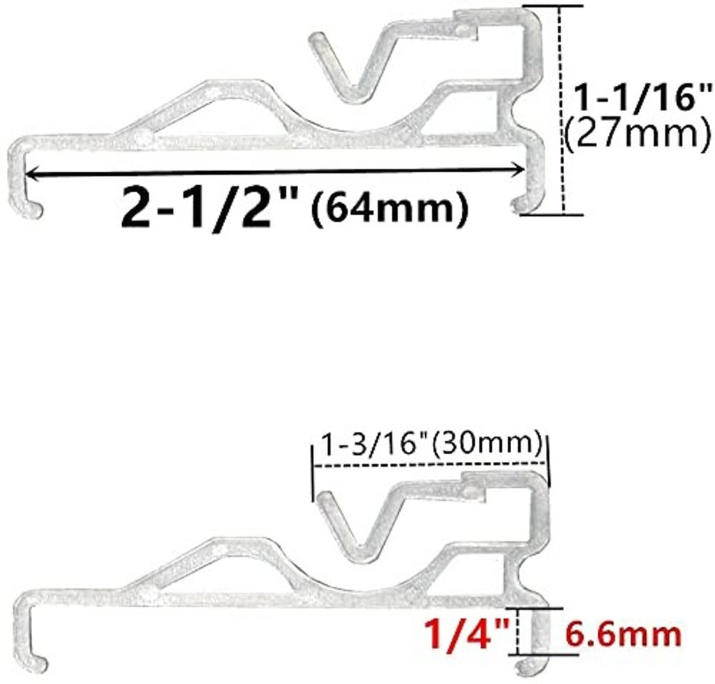 Clear plastic valance retainer clip with measurement outline for 2.5-inch rod