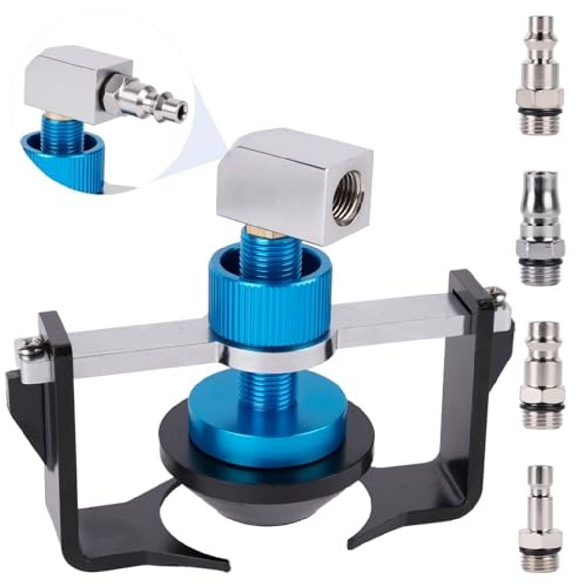 Universal brake master cylinder adapter with blue threaded insert and metal quick connects