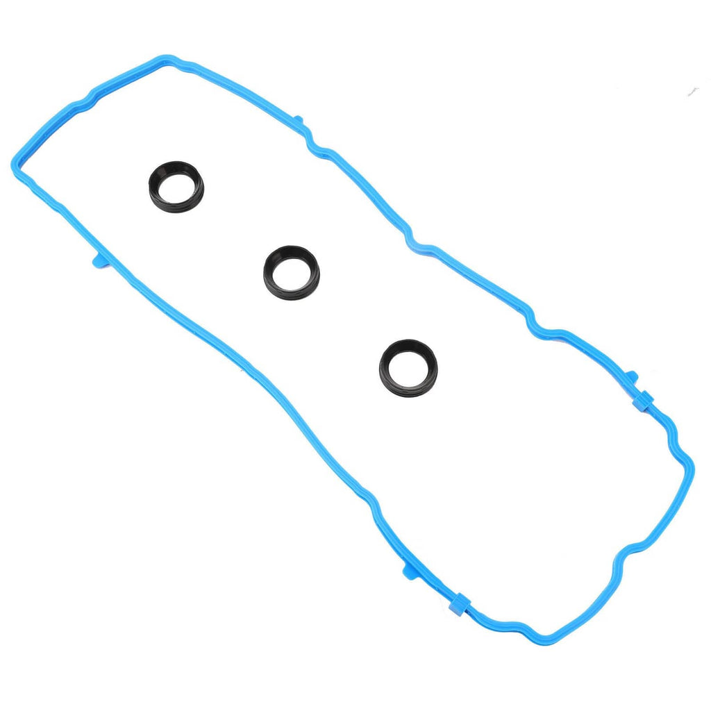 Blue valve cover gasket with three black sealing rings on the surface.