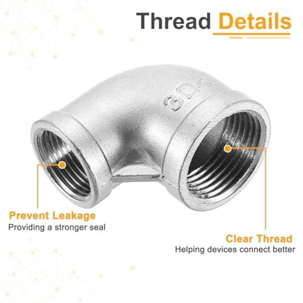 Stainless steel 90° elbow fitting showing internal PT female threads at both sides