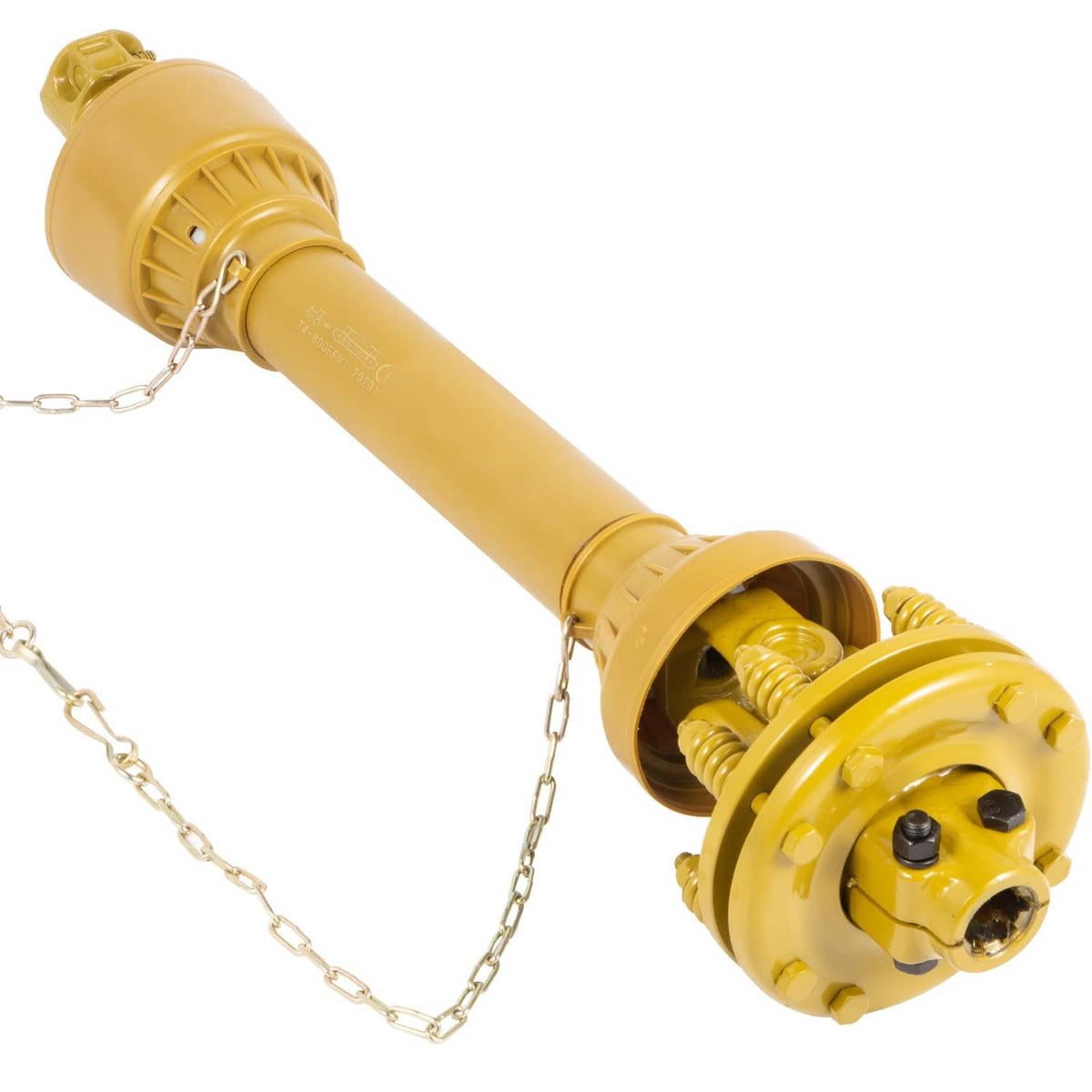 Close-up of yellow PTO drive shaft tube, chain guard and spline yoke with slip clutch